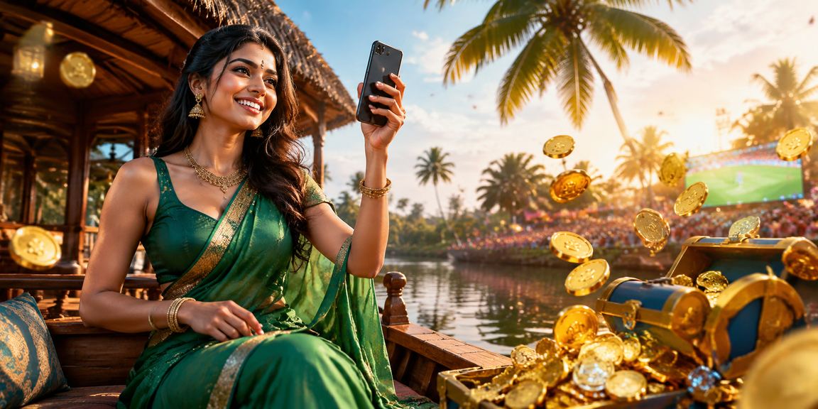 Kerala traditional saree woman using mobile phone for gaming